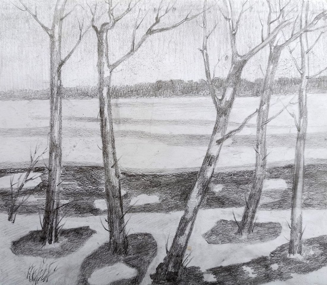 Pencil painting River landscape Peter Tovpev (1 of 4)
