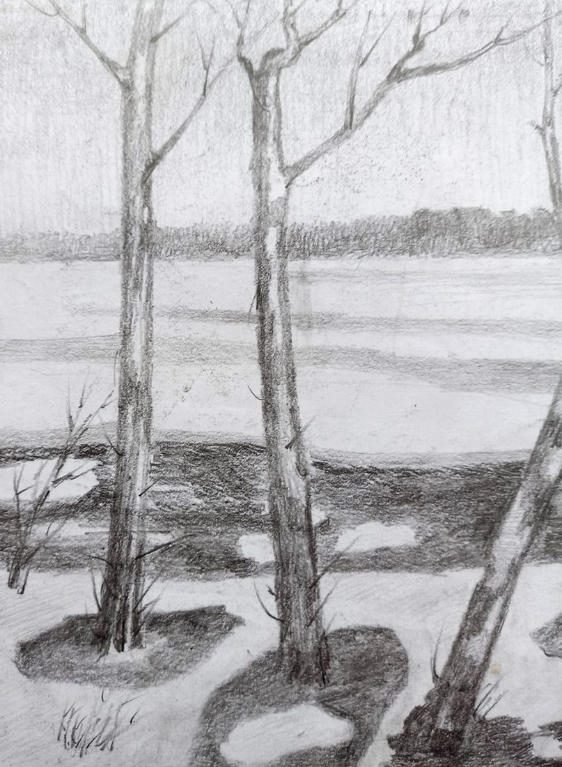 Pencil painting River landscape Peter Tovpev - 2