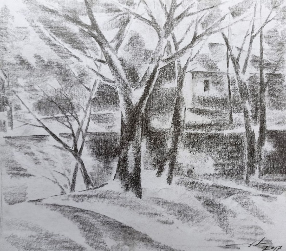 Pencil painting Winter landscape Peter Tovpev (1 of 4)