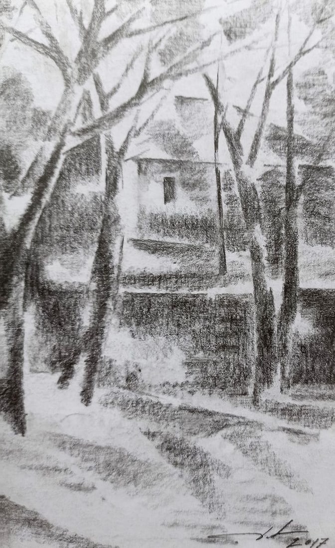 Pencil painting Winter landscape Peter Tovpev - 3