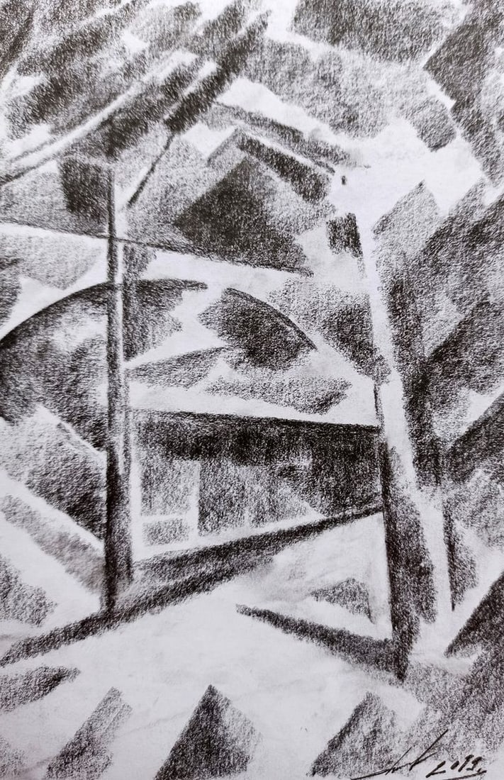 Abstract pencil painting Overlooking the bridge Peter Tovpev - 3
