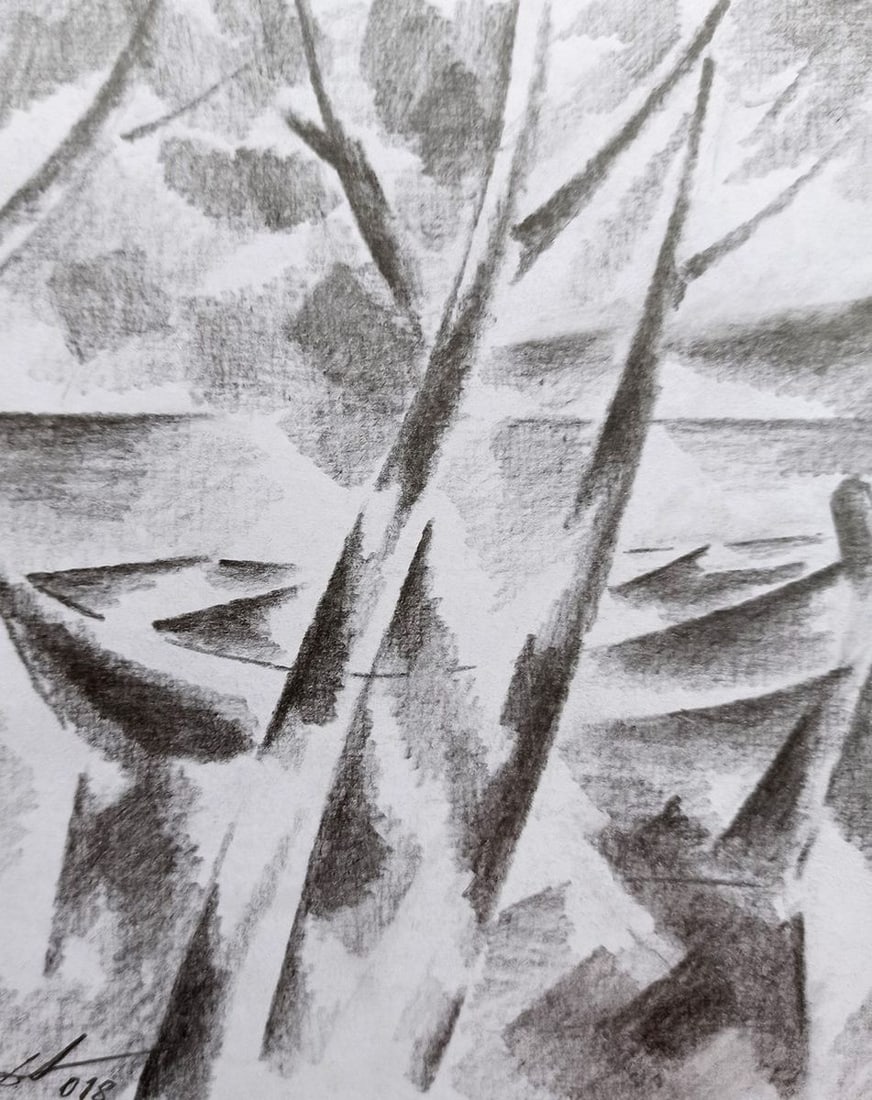 Abstract pencil painting Boat on the shore Peter Tovpev - 2
