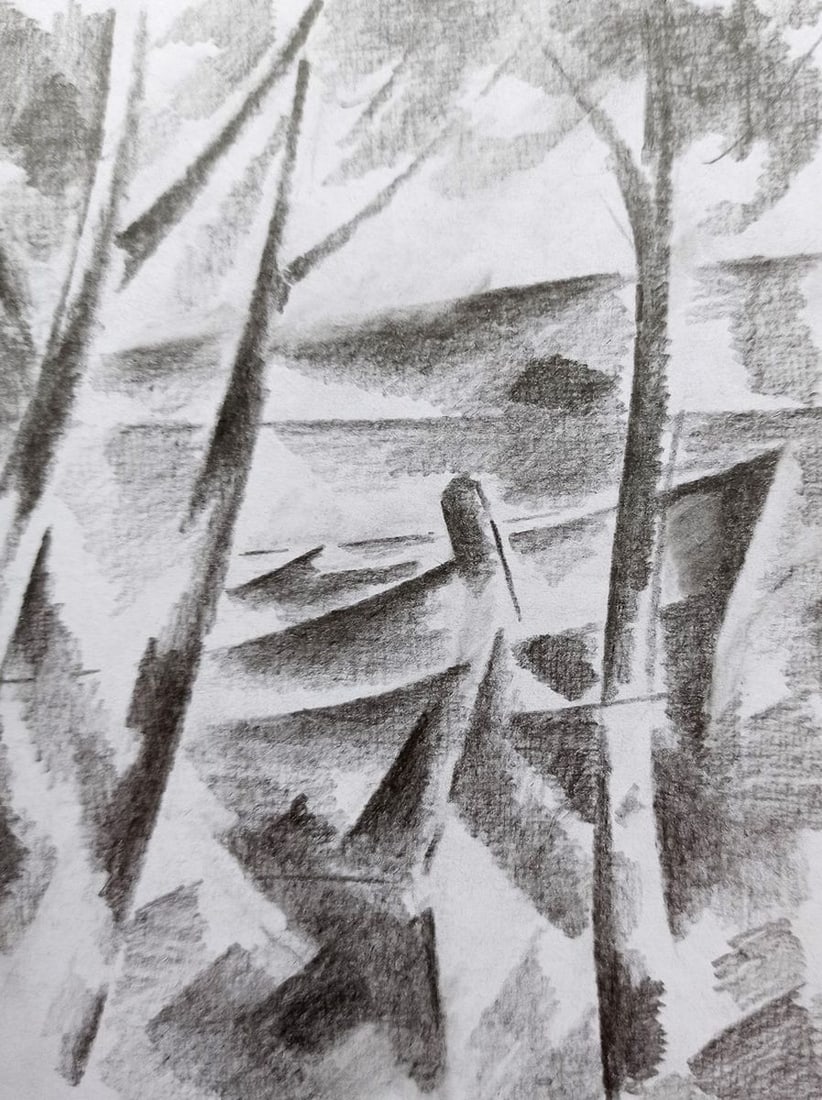Abstract pencil painting Boat on the shore Peter Tovpev - 3