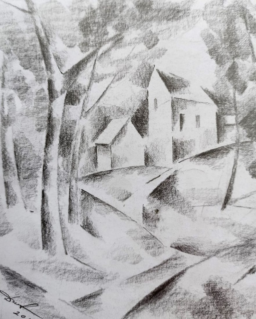 Abstract pencil painting Houses on the outskirts Peter Tovpev - 2