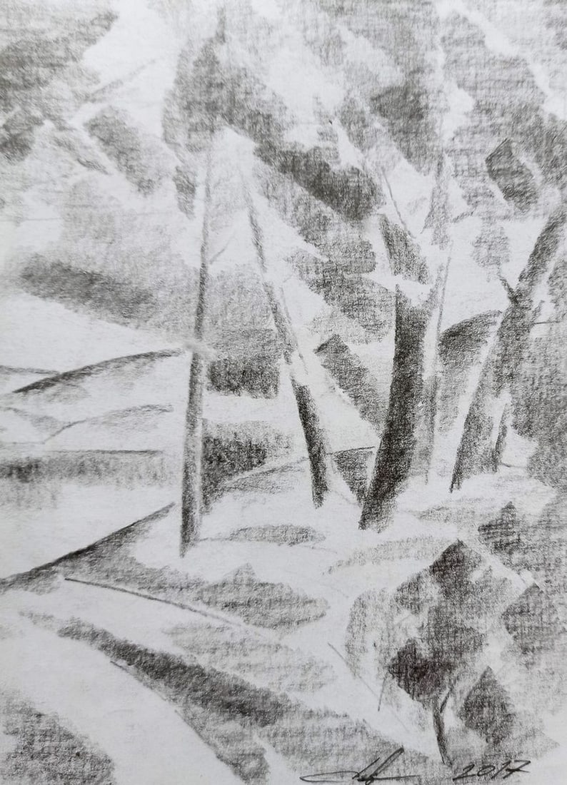 Abstract pencil painting Lake in the forest Peter Tovpev - 3