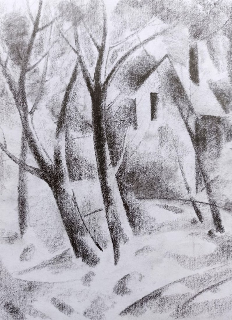Abstract pencil painting Rural landscape Peter Tovpev - 2