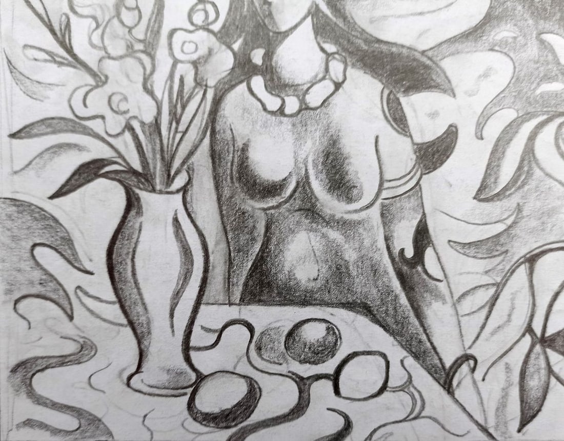 Abstract pencil painting Girl at the table Peter Tovpev - 3