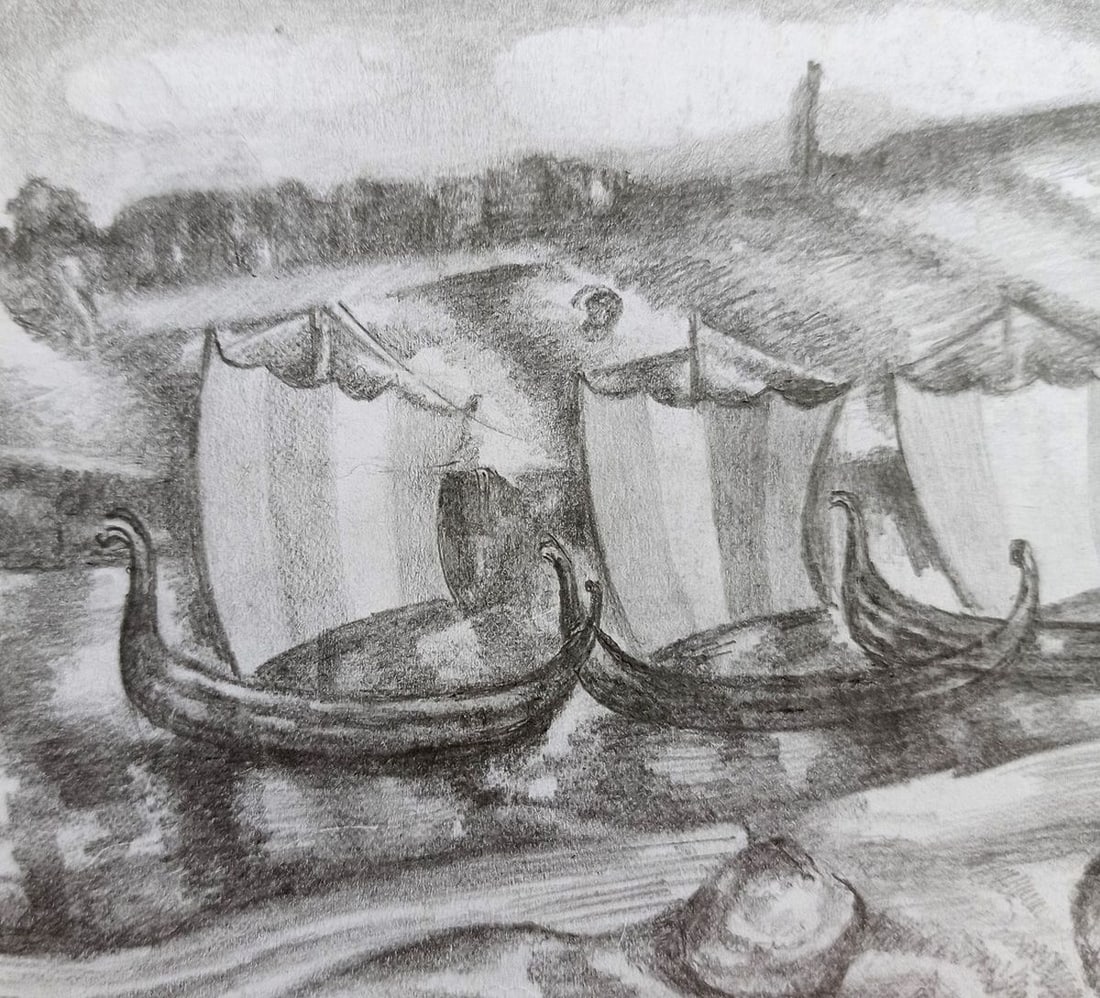 Abstract pencil painting Boats by the shore Peter Tovpev - 2