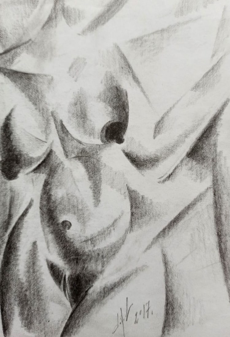 Abstract pencil painting Portrait of a naked girl Peter Tovpev - 3