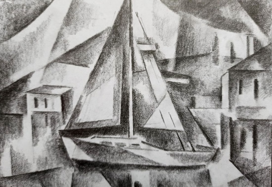 Abstract pencil painting Landscape with sails Peter Tovpev - 2