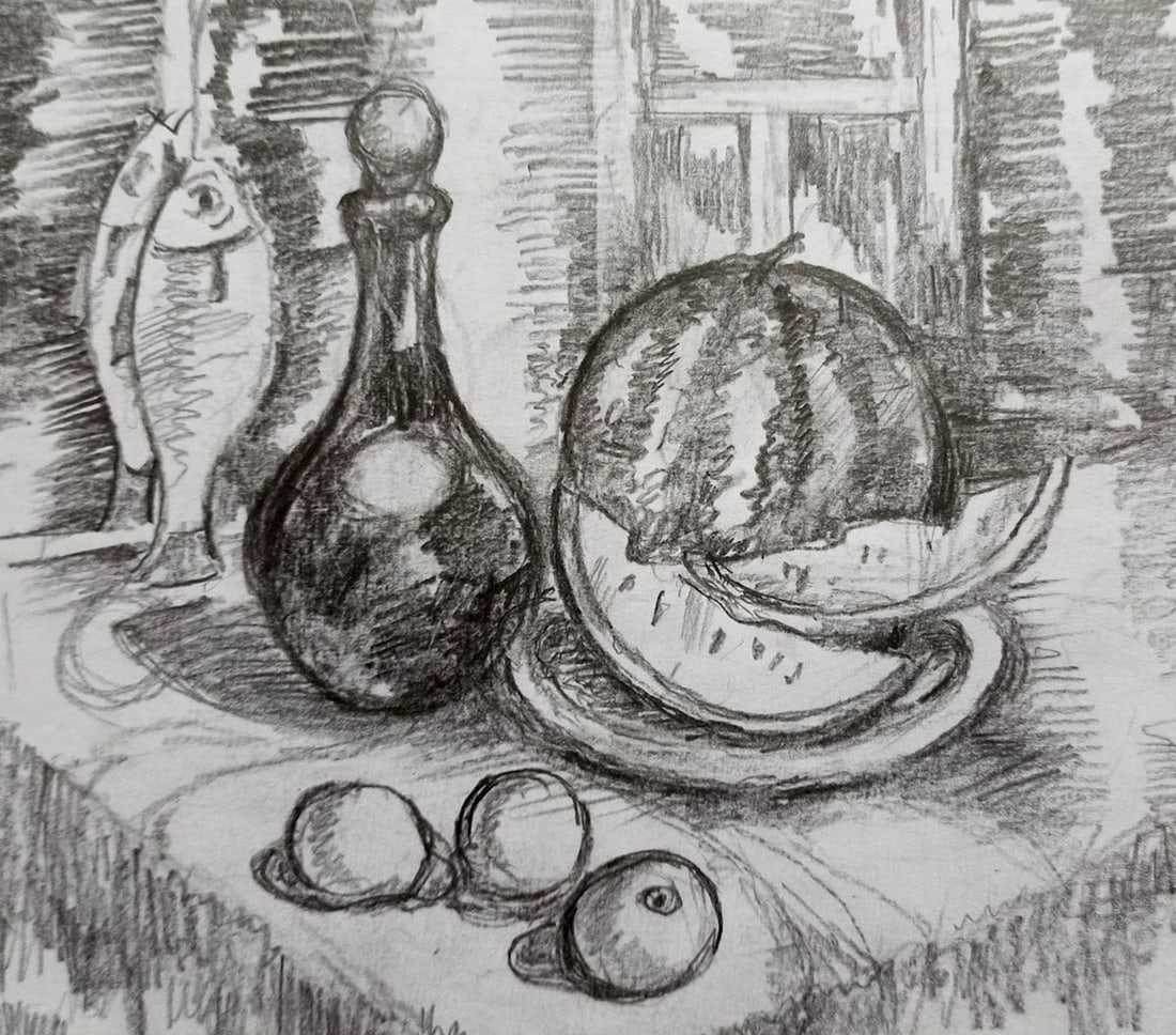 Pencil painting Still life Peter Tovpev: Title: Pencil painting Still life Peter Tovpev Description: NoDobr 458 *** ABOUT THIS PAINTING *** * TITLE: "Still life" * ARTISTS: Peter Tovpev * SIZE: 16x18 cm/'6.29x7.08 inches' * MEDIUM: pencil,