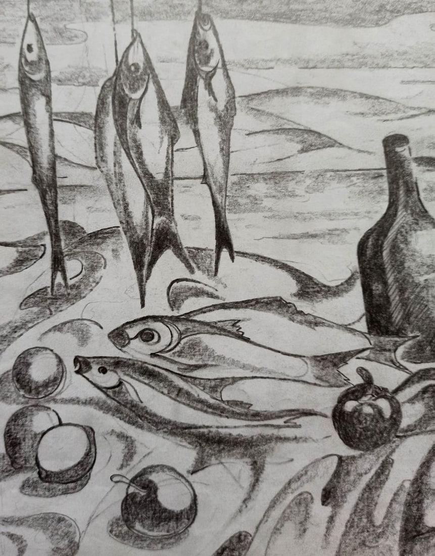 Abstract pencil painting Still life with fishes Peter Tovpev - 2