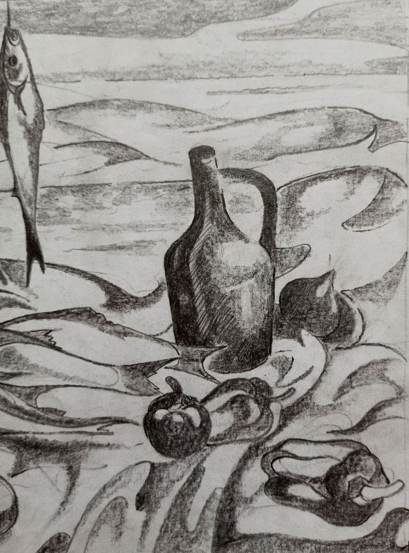 Abstract pencil painting Still life with fishes Peter Tovpev - 3