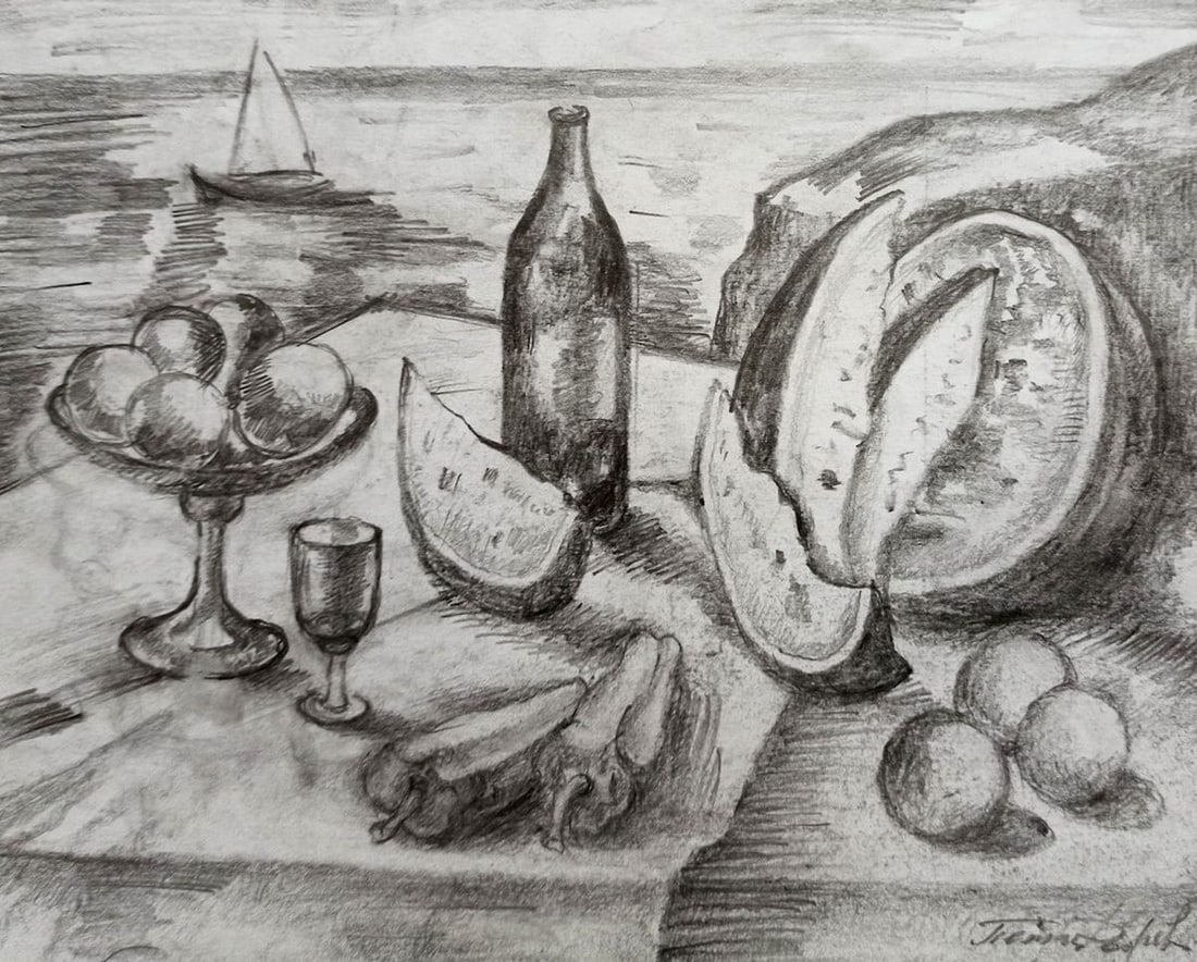 Pencil painting Still life Peter Tovpev: Title: Pencil painting Still life Peter Tovpev Description: NoDobr 466 *** ABOUT THIS PAINTING *** * TITLE: "Still life" * ARTISTS: Peter Tovpev * SIZE: 16x20 cm/'6.29x7.87 inches' * MEDIUM: pencil,