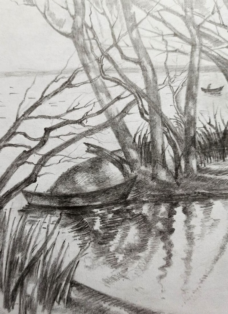 Pencil painting River landscape Peter Tovpev - 2