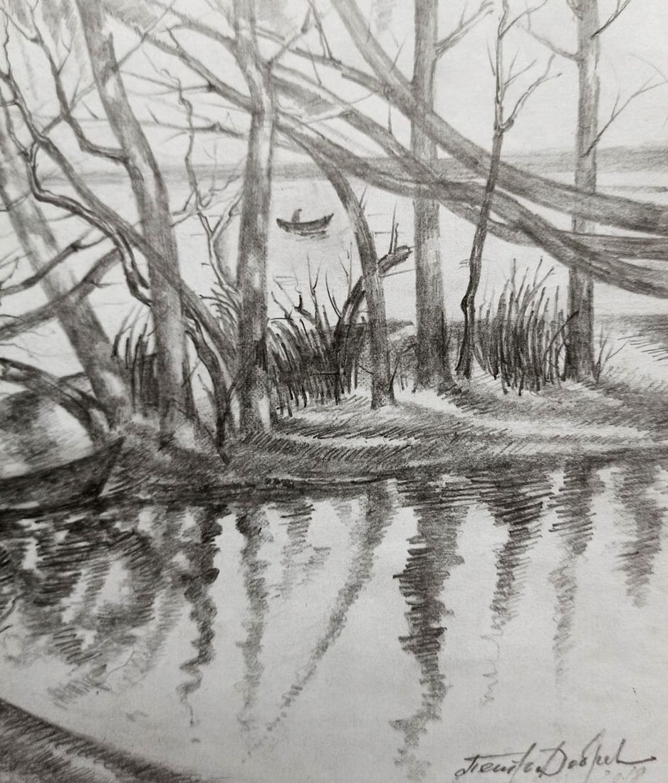 Pencil painting River landscape Peter Tovpev - 3