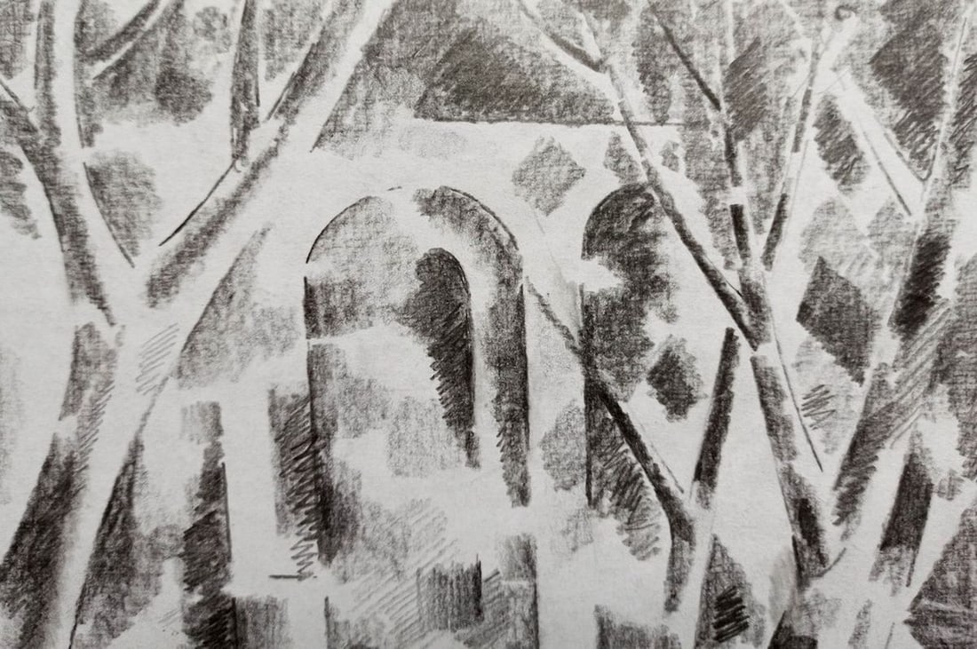 Abstract pencil painting Bridge through the trees Peter Tovpev - 2