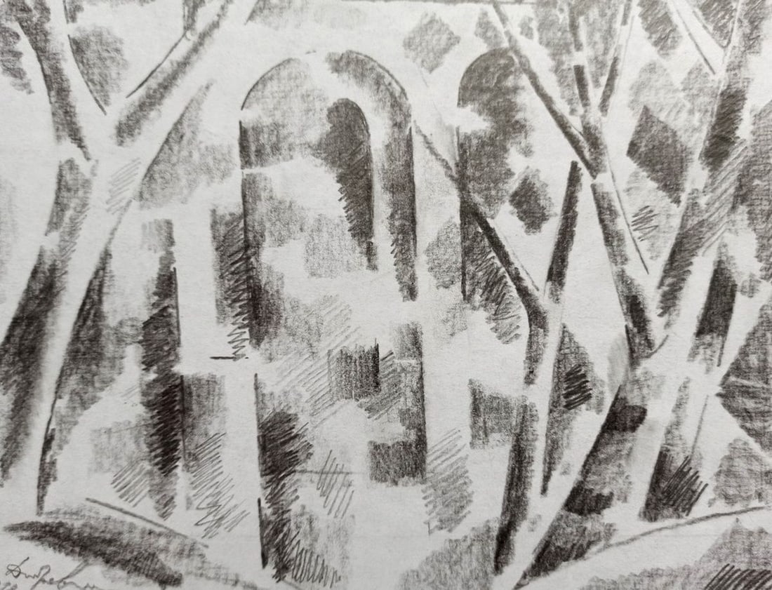 Abstract pencil painting Bridge through the trees Peter Tovpev - 3