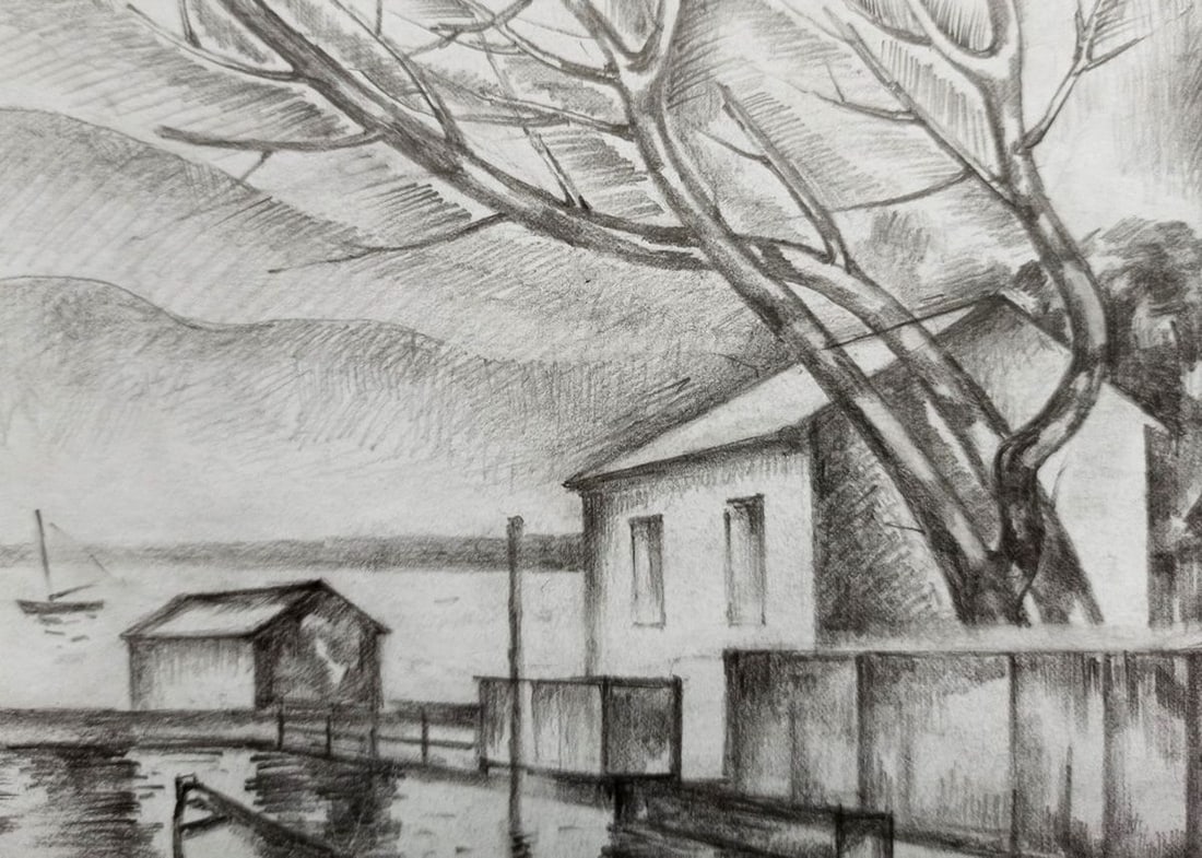 Pencil painting House on the shore Peter Tovpev - 2