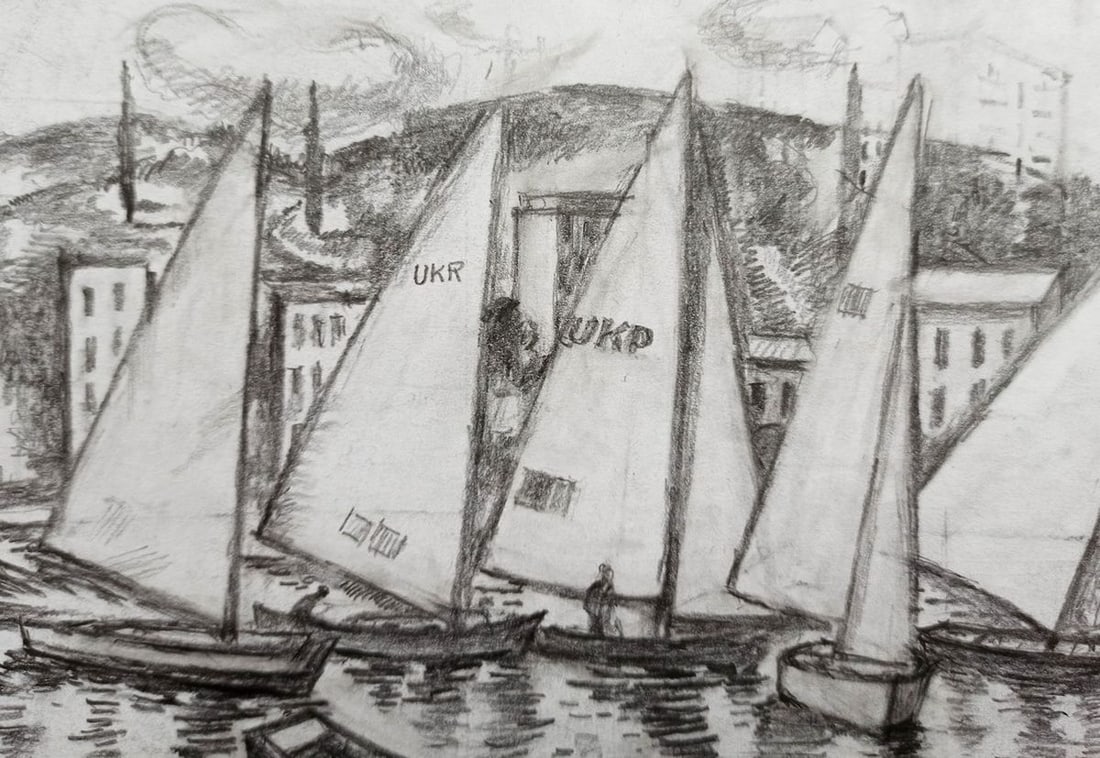 Pencil painting Boat dock Peter Tovpev - 2