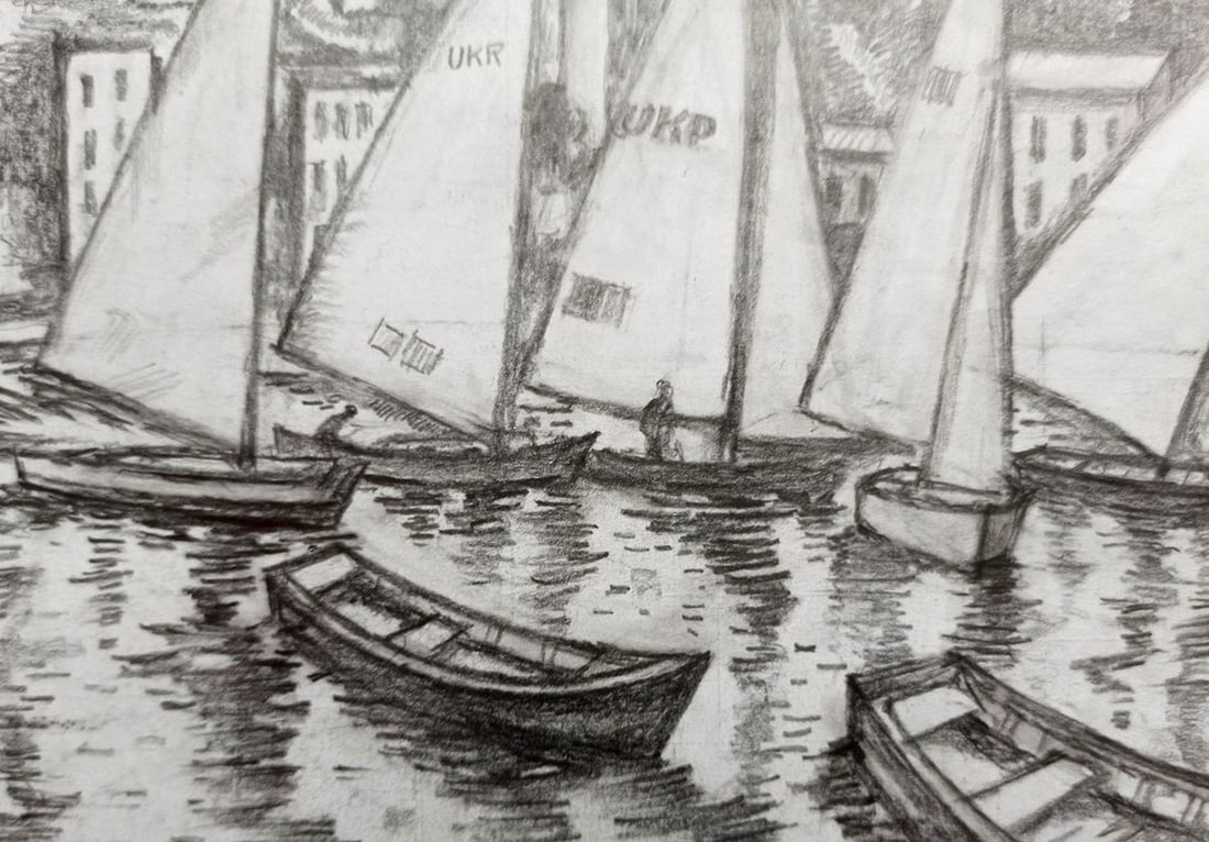 Pencil painting Boat dock Peter Tovpev - 3
