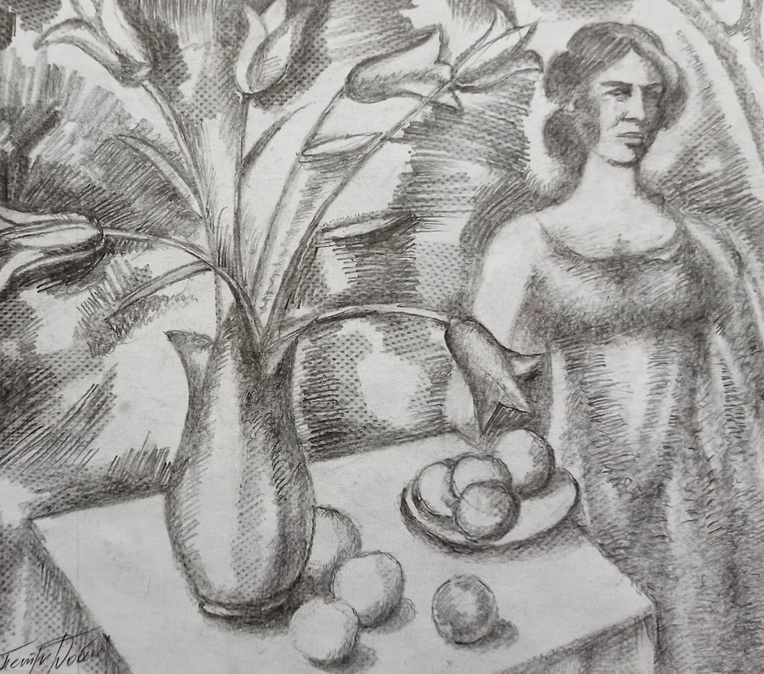 Pencil painting Girl at the table Peter Tovpev (1 of 4)