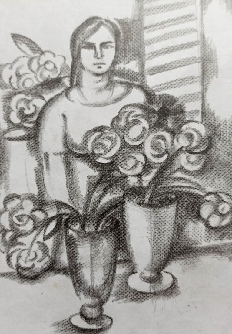 Pencil painting Girl at the table Peter Tovpev - 2