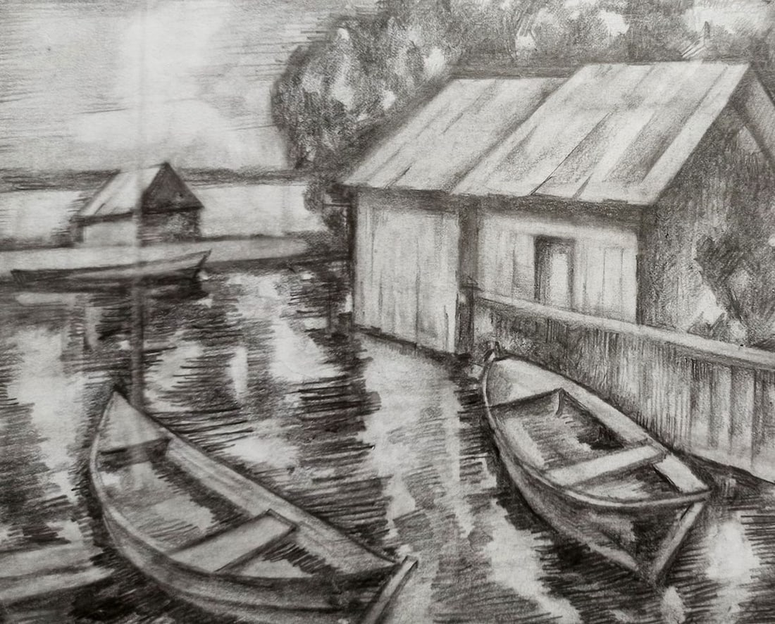 Pencil painting Boat dock Peter Tovpev: Title: Pencil painting Boat dock Peter Tovpev Description: NoDobr 513 *** ABOUT THIS PAINTING *** * TITLE: "Boat dock" * ARTISTS: Peter Tovpev * SIZE: 16x20 cm/'6.29x7.87 inches' * MEDIUM: pencil,
