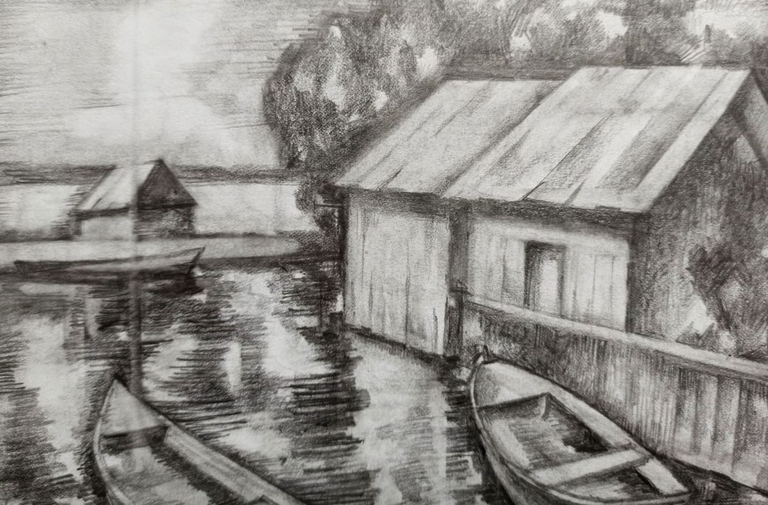 Pencil painting Boat dock Peter Tovpev - 2