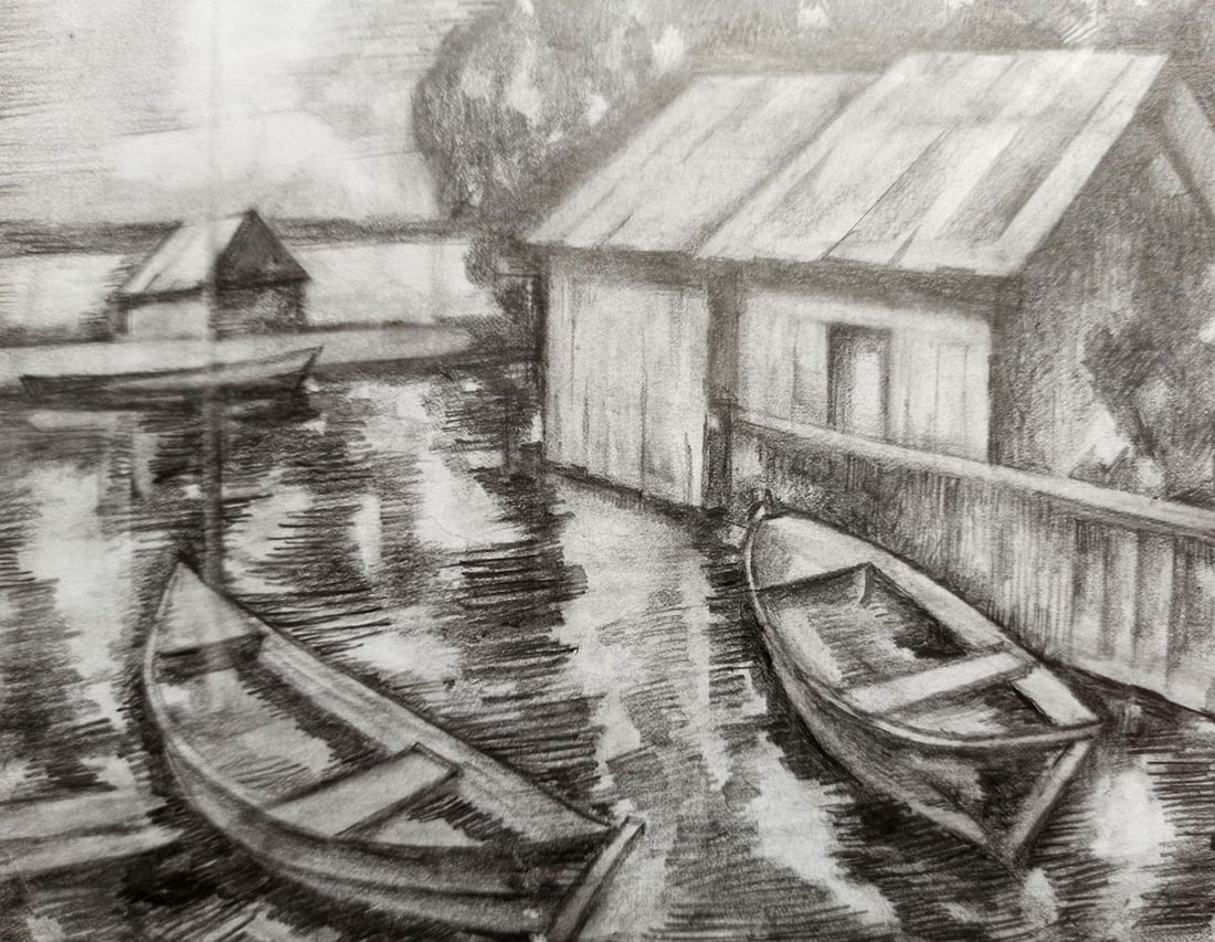 Pencil painting Boat dock Peter Tovpev - 3