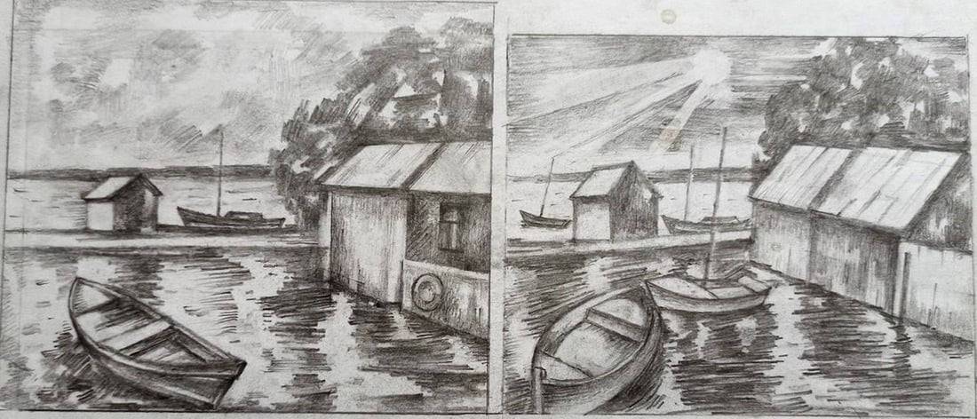 Pencil double painting Boat dock Peter Tovpev (1 of 4)