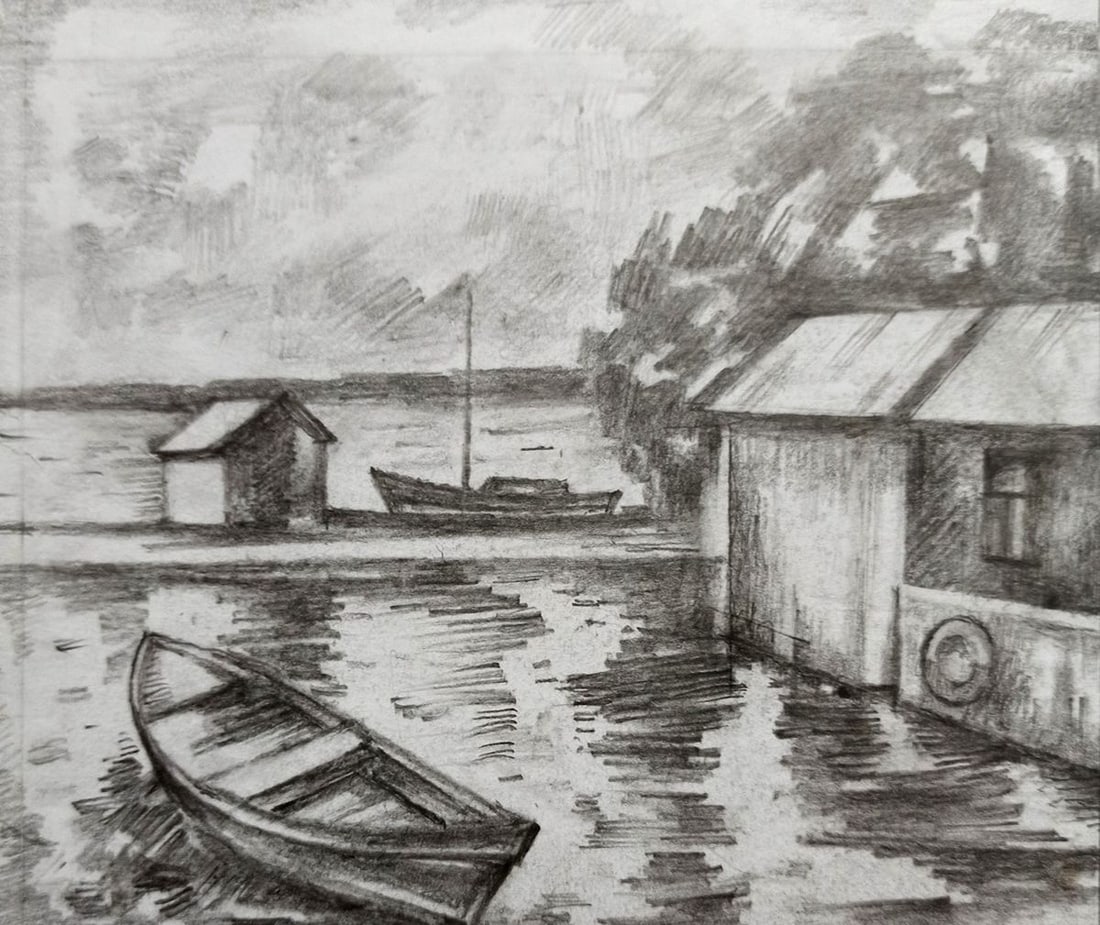 Pencil double painting Boat dock Peter Tovpev - 2