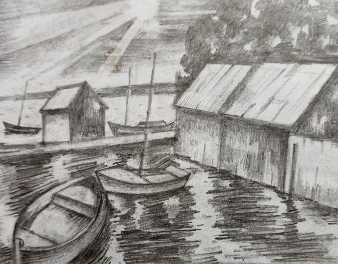 Pencil double painting Boat dock Peter Tovpev - 3