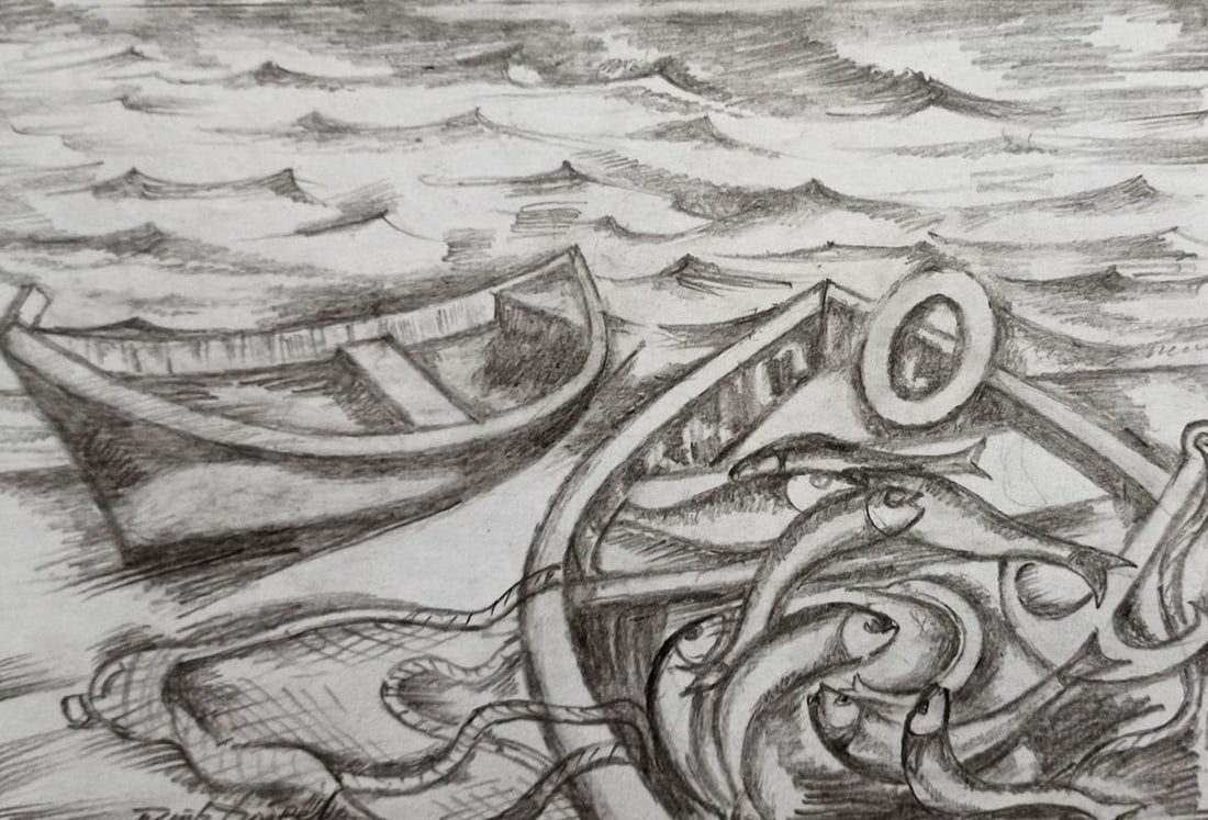 Pencil painting Fish in the boat Peter Tovpev (1 of 4)