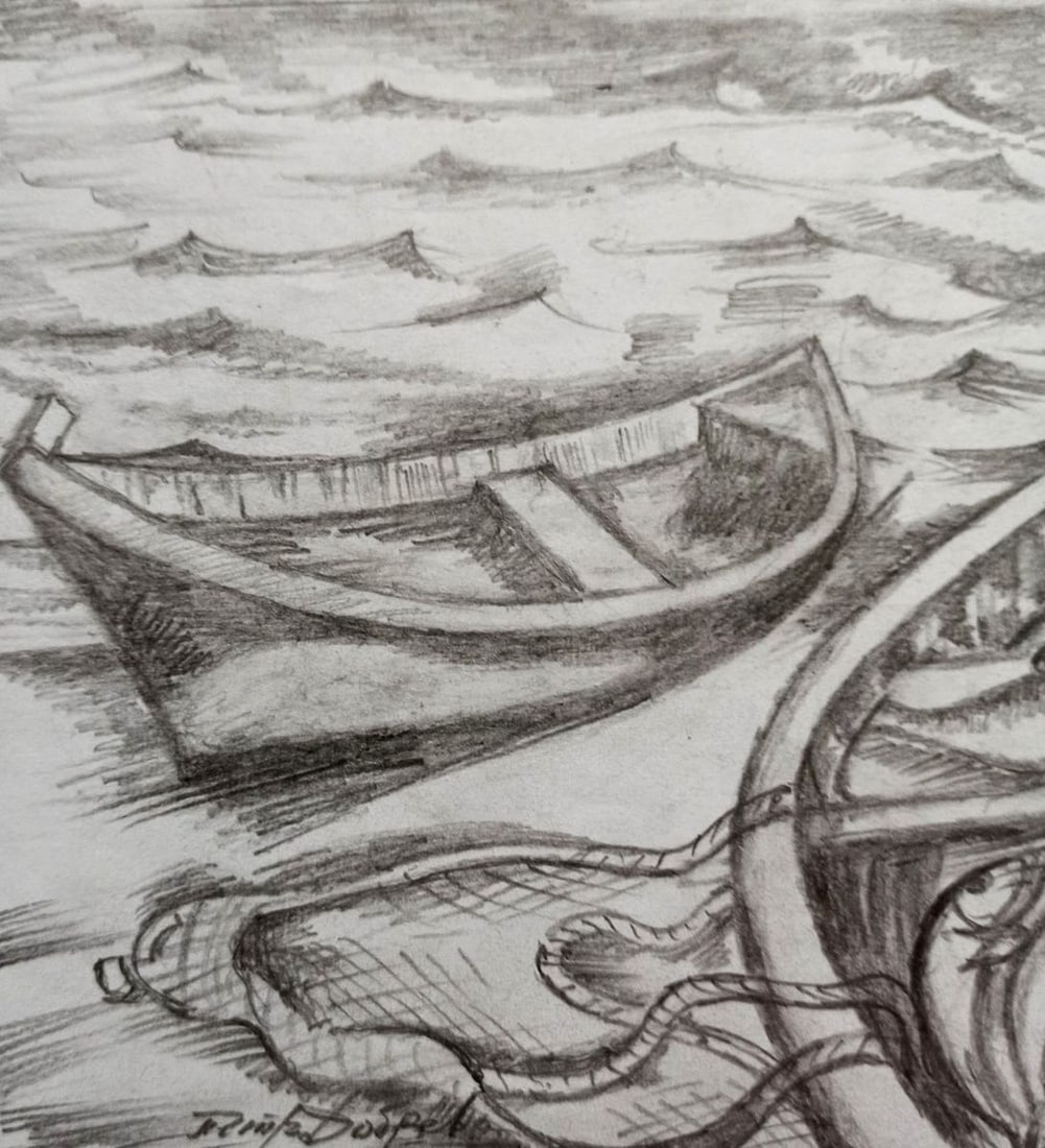 Pencil painting Fish in the boat Peter Tovpev - 2