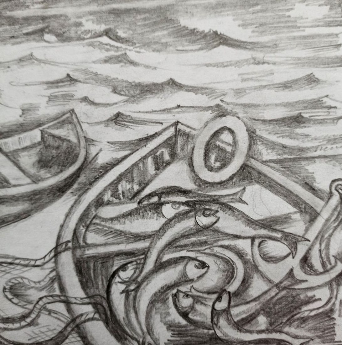 Pencil painting Fish in the boat Peter Tovpev - 3