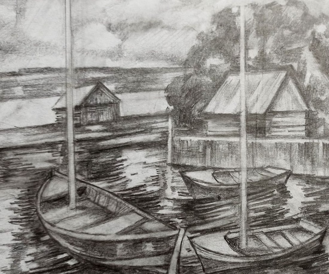 Pencil painting Fishing port Peter Tovpev (1 of 4)