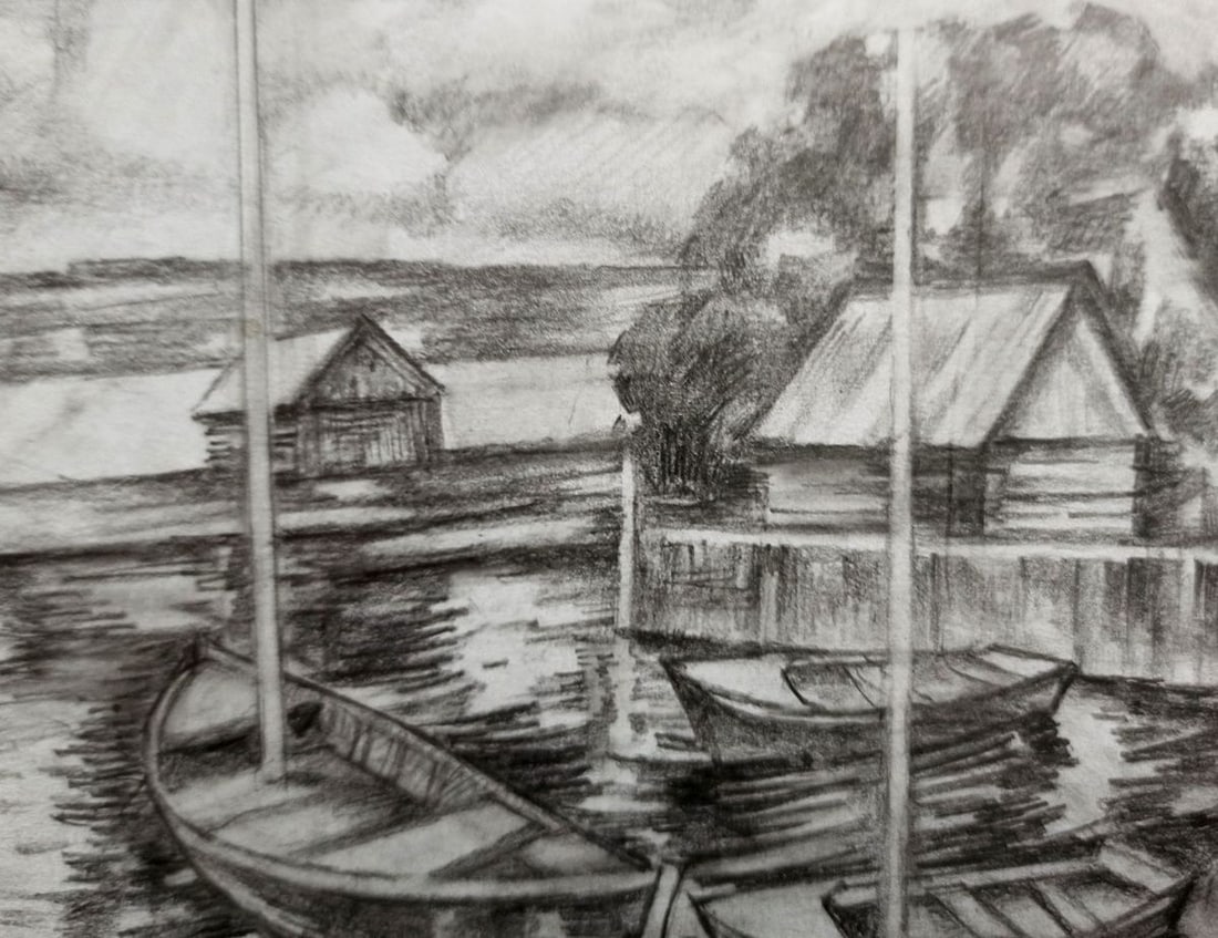 Pencil painting Fishing port Peter Tovpev - 2