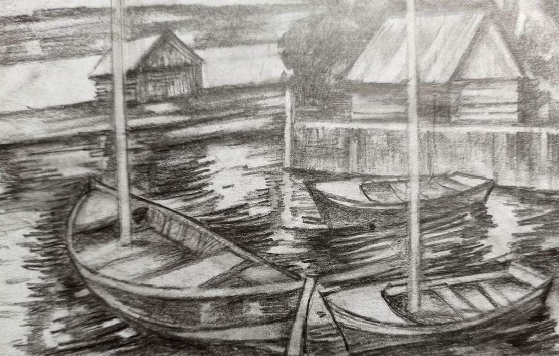 Pencil painting Fishing port Peter Tovpev - 3
