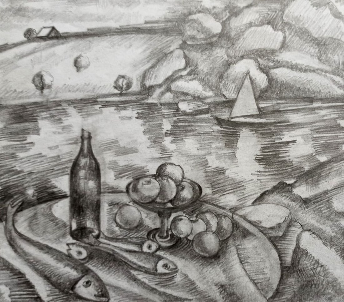 Pencil painting Fruit on the shore Peter Tovpev (1 of 4)