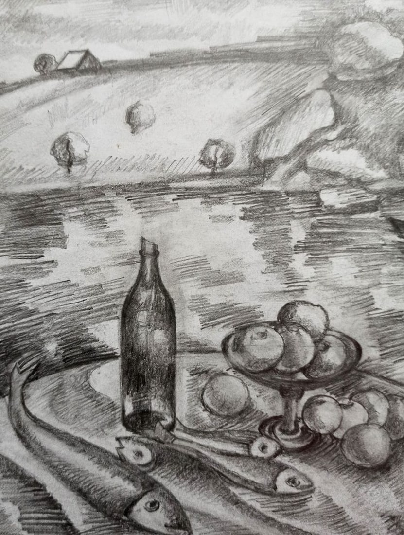Pencil painting Fruit on the shore Peter Tovpev - 2