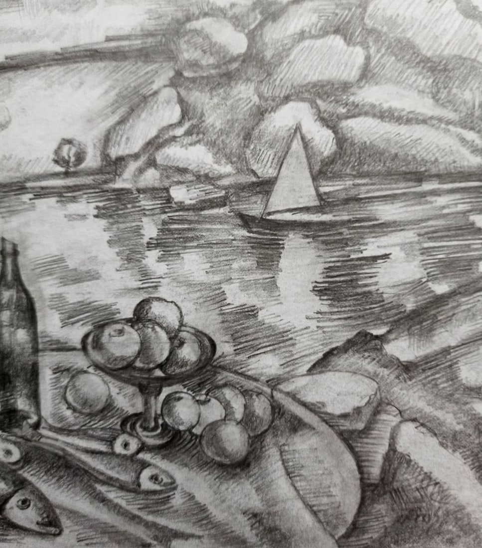 Pencil painting Fruit on the shore Peter Tovpev - 3