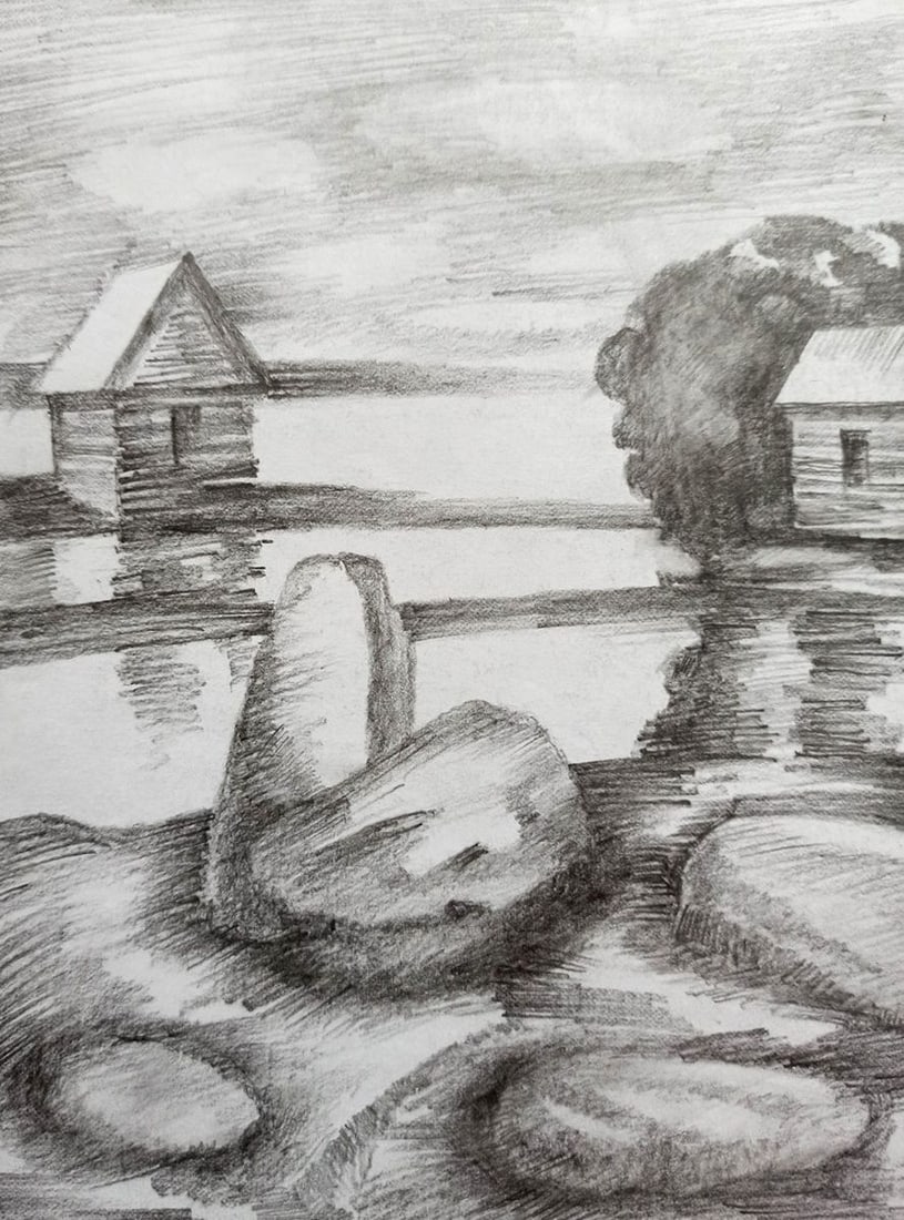 Pencil painting Fishing houses Peter Tovpev - 2
