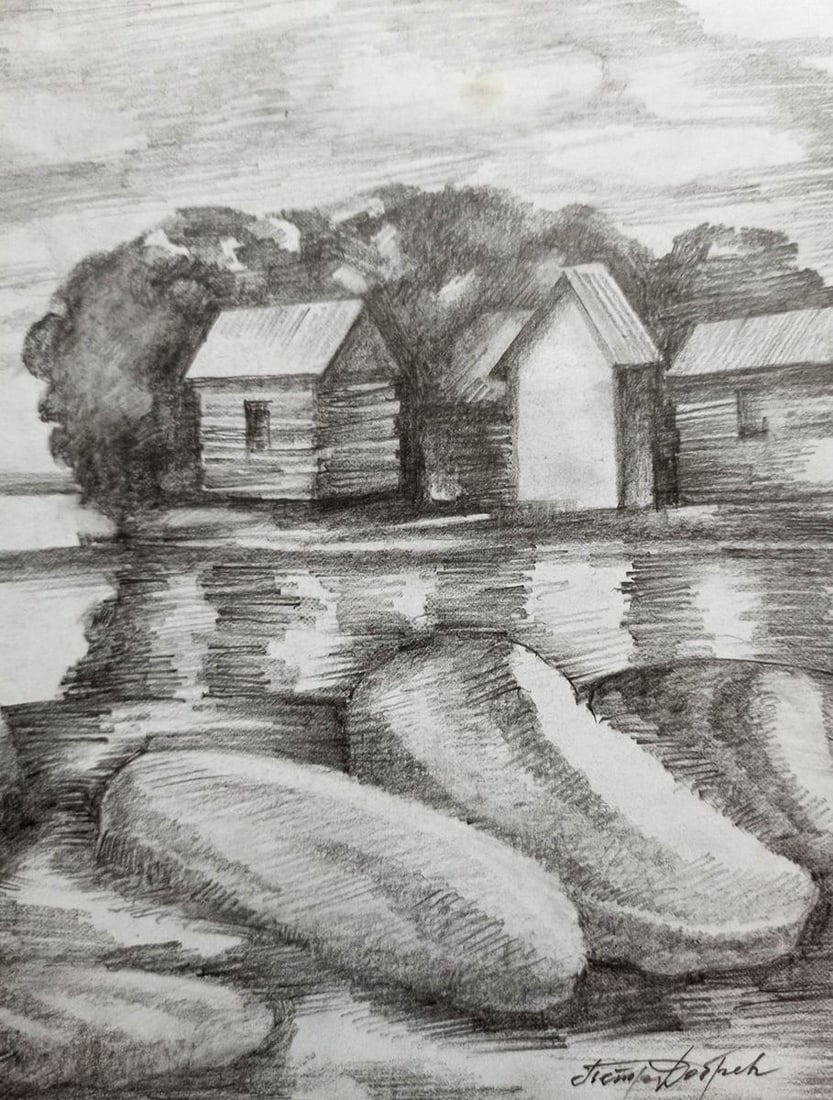 Pencil painting Fishing houses Peter Tovpev - 3