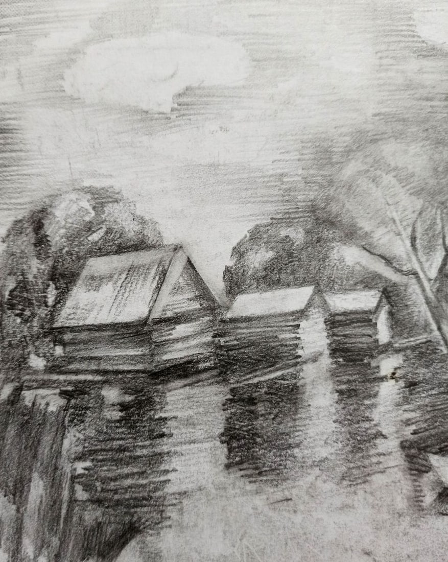 Pencil painting Village landscape Peter Tovpev - 2