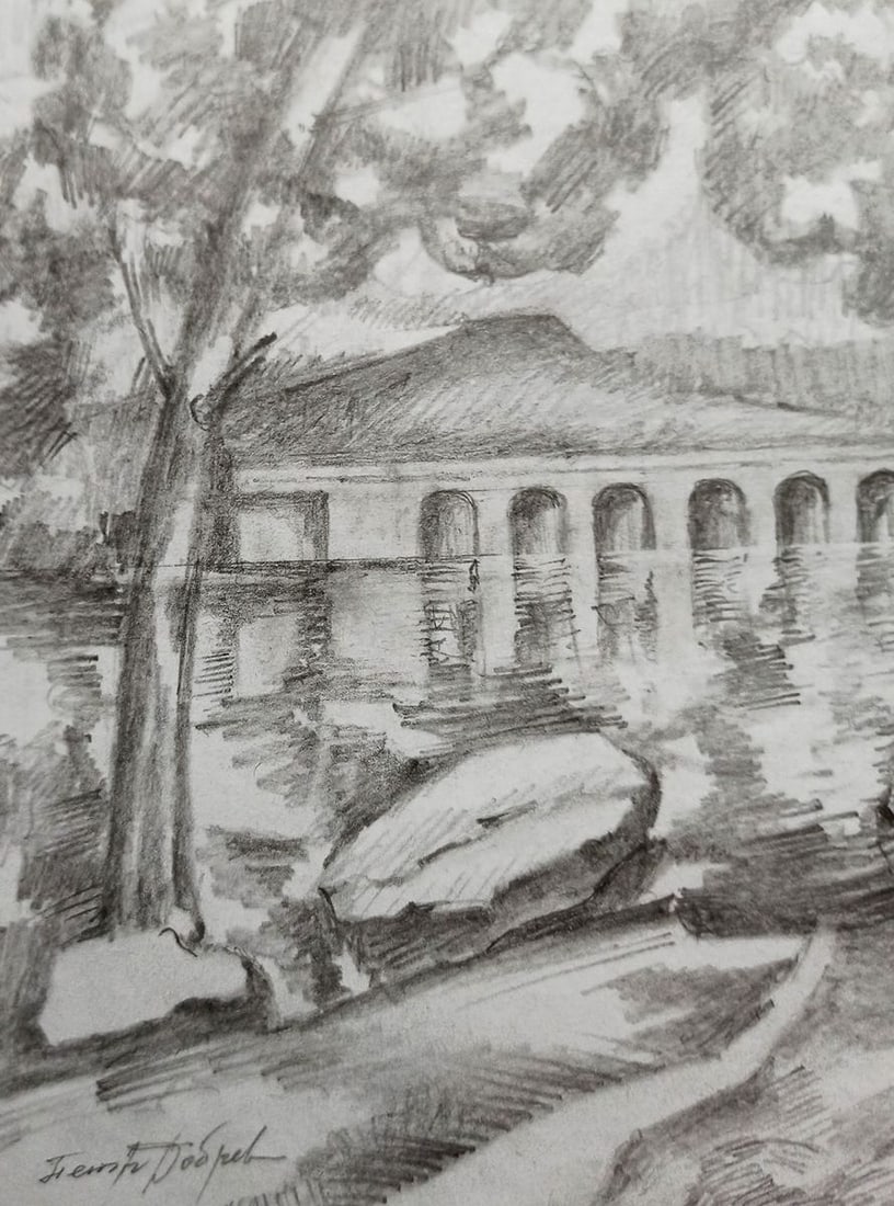 Pencil painting River landscape Peter Tovpev - 2