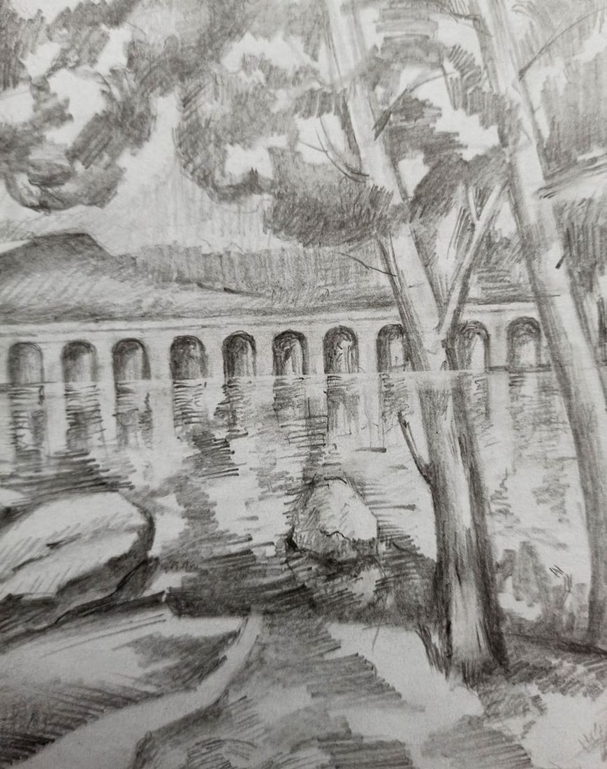 Pencil painting River landscape Peter Tovpev - 3
