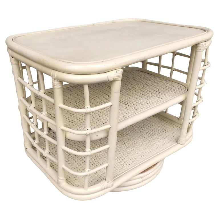 Restored White Cage Rattan Side Table Swivel Bookshelf - 2