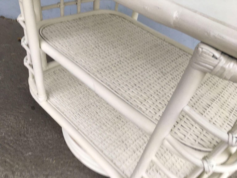 Restored White Cage Rattan Side Table Swivel Bookshelf - 6
