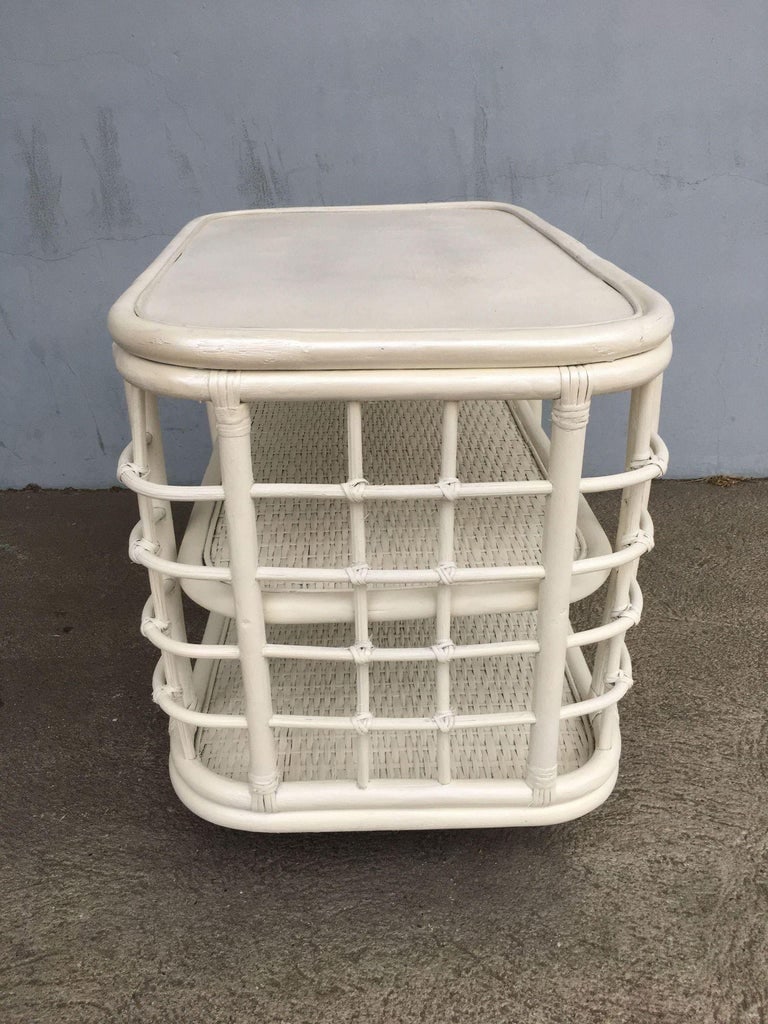 Restored White Cage Rattan Side Table Swivel Bookshelf - 8